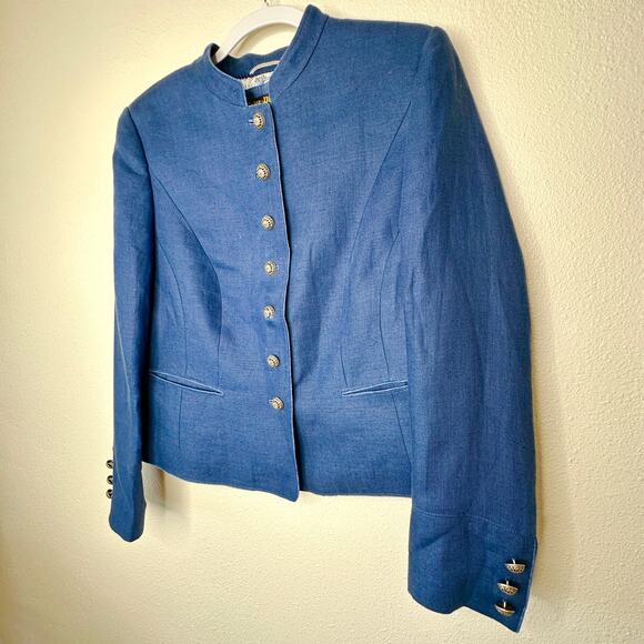 Loden Plankl Denim Blue Linen Band Neck Silver Decorative Buttons Blazer Jacket - Picture 3 of 12